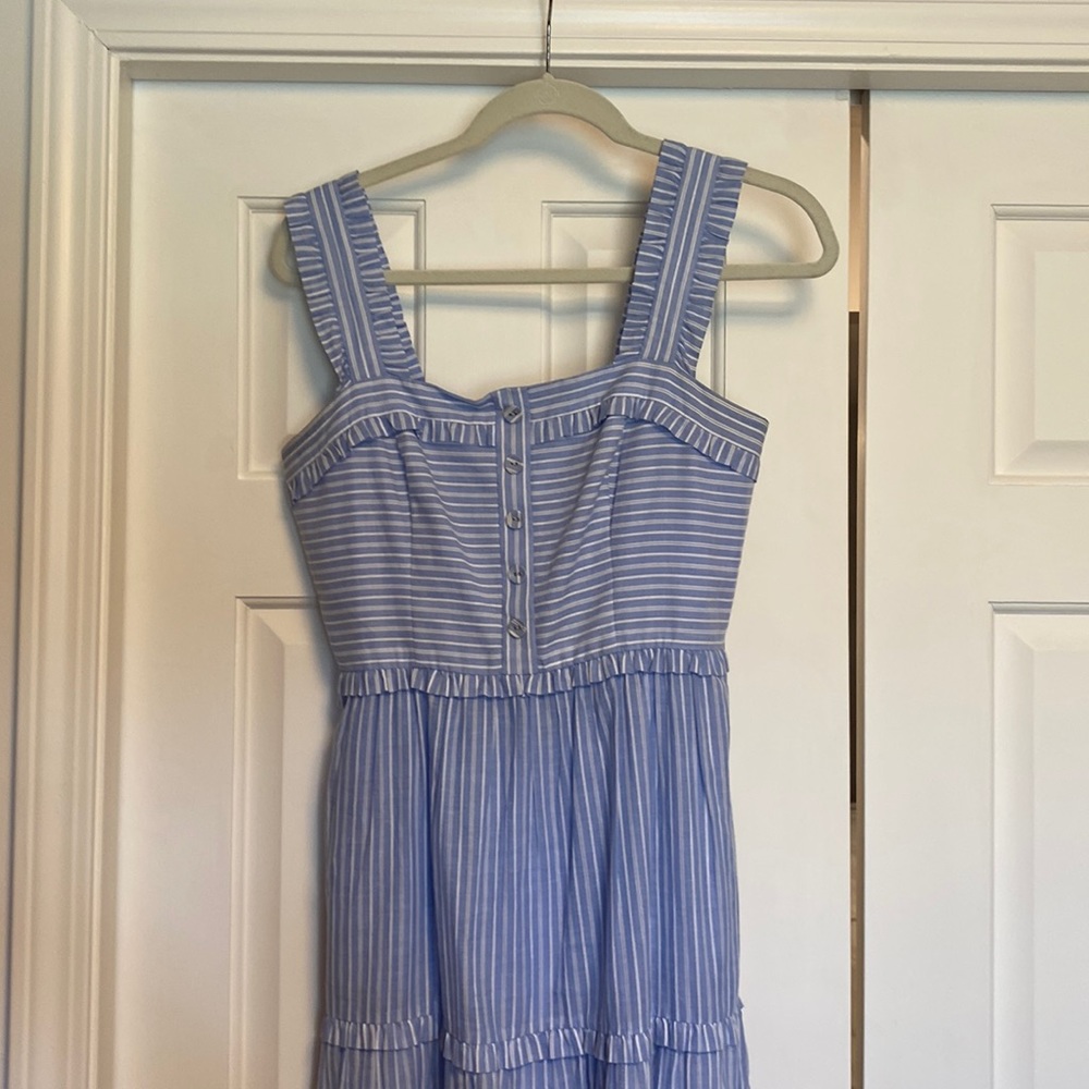 Gal Meets Glam Courtney Rio Stripe Lawn Maxi Dress Blue and White Size 2